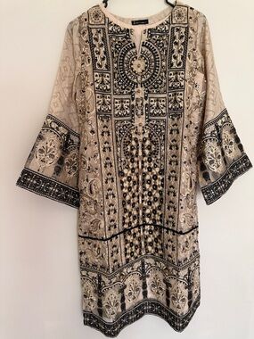 Pakistani Embroidered Beige and Black Dress